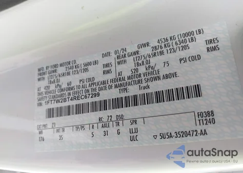 2024 Ford F-250 Xlt из США, поврежденный, VIN 1FT7W2BT4REC67299